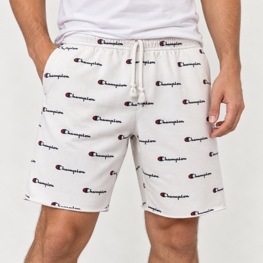 Champion Large Shorts Mens White All Over Logo Print Reverse Weave Raw Hem